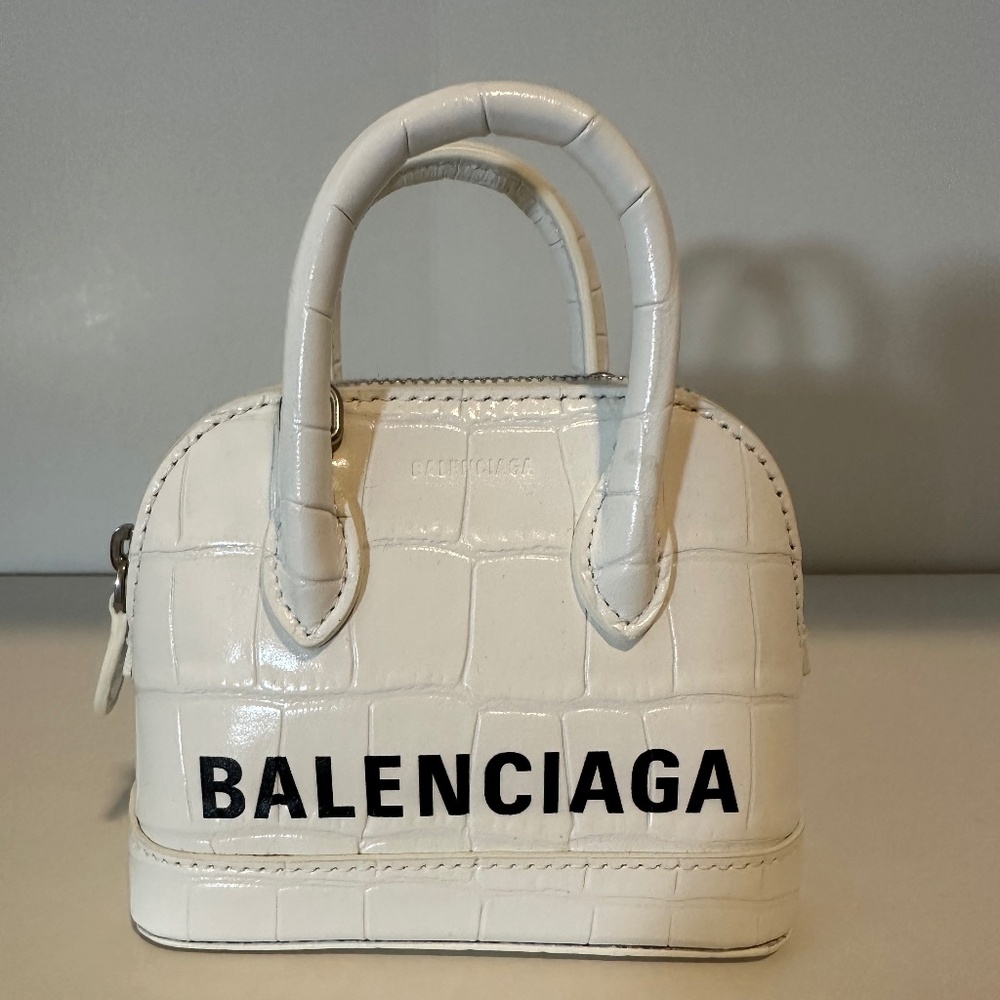Balenciaga Calfskin Logo Crocodile Embossed Mini Ville Top Handle Bag
